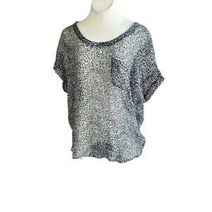 Joie 100% Silk Black White Animal Print Sheer Short Sleeve Blouse Size Small